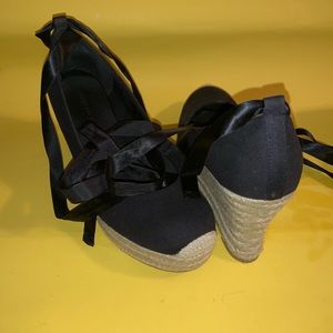 Black Wedge Espadrille with Ankle Ribbon